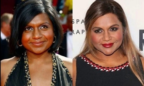 A picture of Mindy Kaling before (left) and after (right).